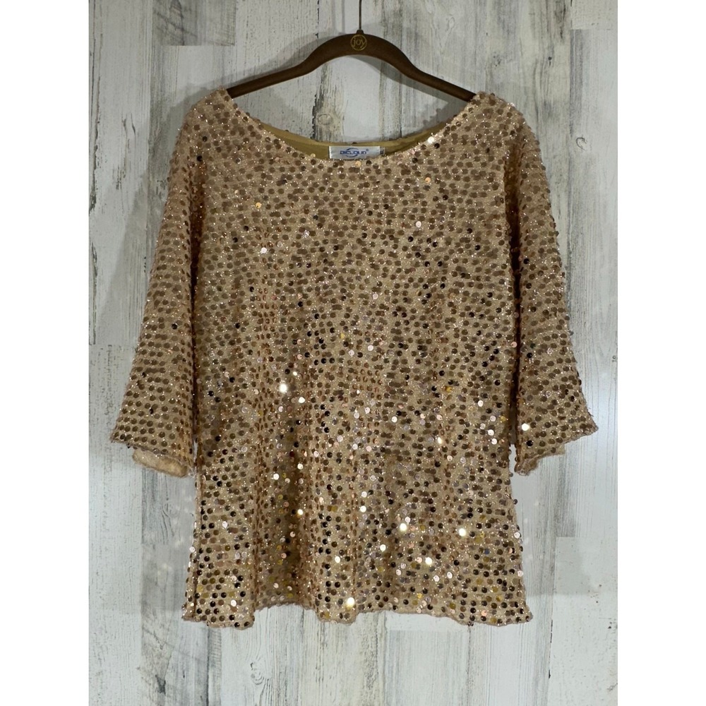 Dicloud Sequin Blouse Small Rose Gold 3/4 Sleeve Scoop Neck Party Top NEW